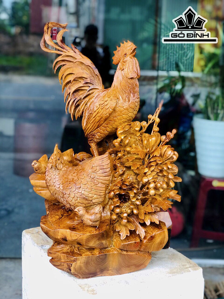Tượng Gà Phong Thủy Gỗ Hương Cao 62 Ngang 53 Sâu 42 (cm)