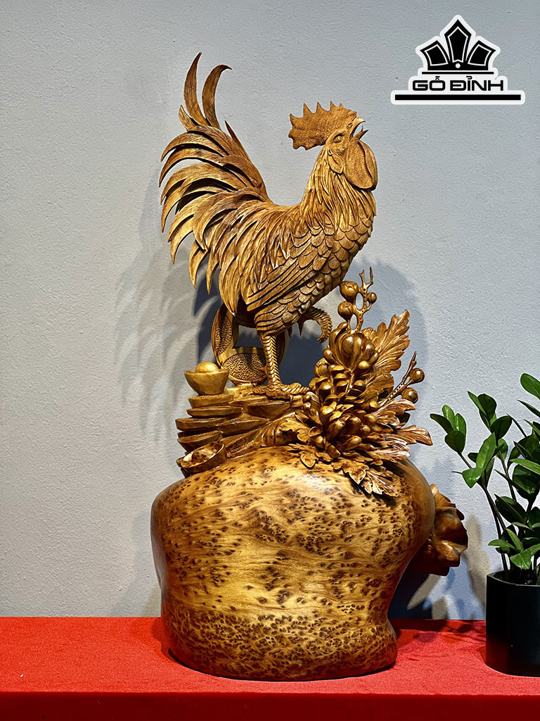 Tượng Gà Trống Phong Thủy Gỗ Nu Ngọc Am Cao 76 Ngang 42 Sâu 38 (cm)