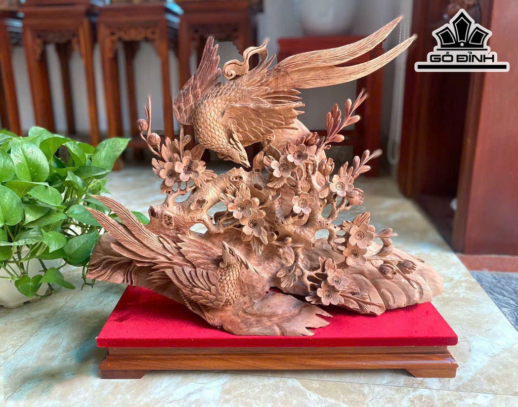 Tượng Chim Uyên Ương Mai Trĩ Gỗ Hương Cao 48 Ngang 54 Sâu 16 (cm)