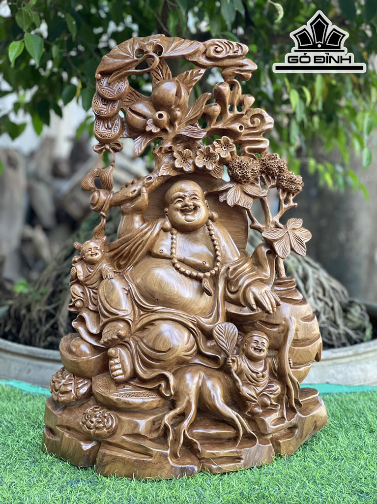 Tượng Phật Di Lặc Nhị Phúc Gỗ Bách Xanh Cao 64 Ngang 44 Sâu 20 (cm)