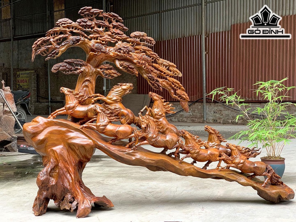 Tượng Bát Mã Gỗ Bách Xanh Ngang 100 Cao 114 Sâu 30 (cm)