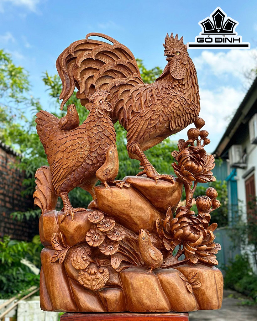 Tượng Gia Đình Gà Gỗ Ngọc Am Cao 77 Ngang 51 Sâu 20 (cm)