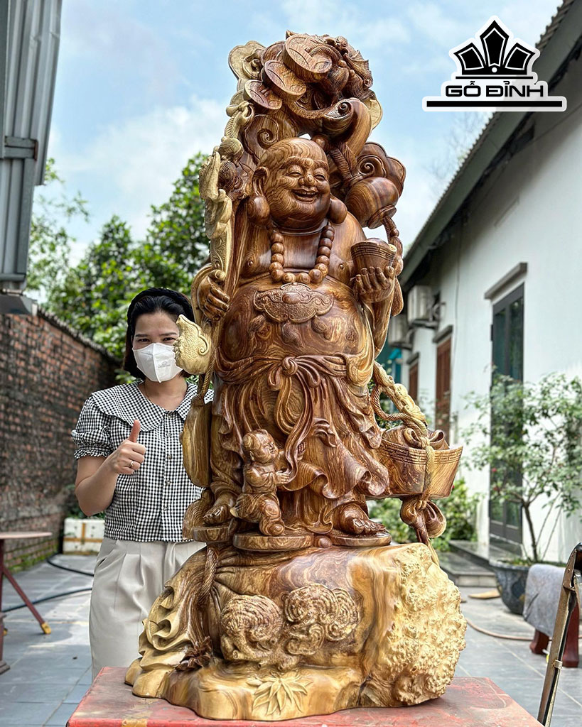 Tượng Phật Di Lặc Nhất Phúc Gỗ Nu Hương Cao 145 Ngang 66 Sâu 45 (cm)