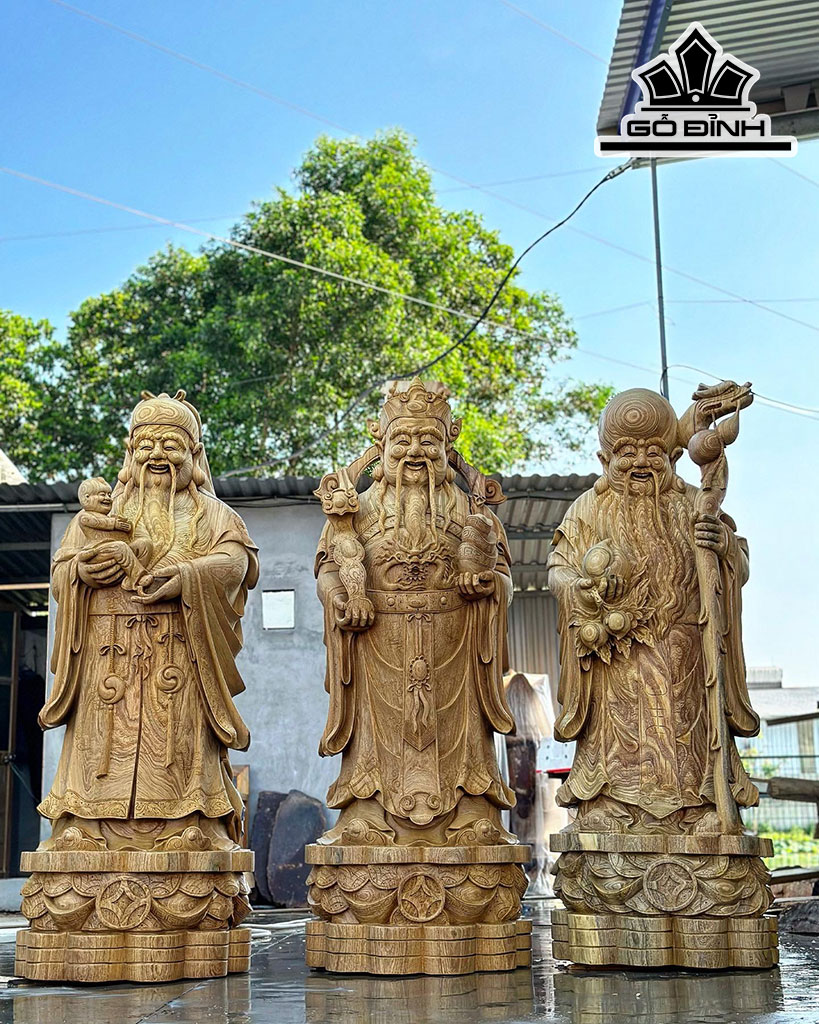 Tượng Phúc Lộc Thọ (Tam Đa) Gỗ Cẩm Vàng Cao 180 Ngang 68 Sâu 65 (cm)