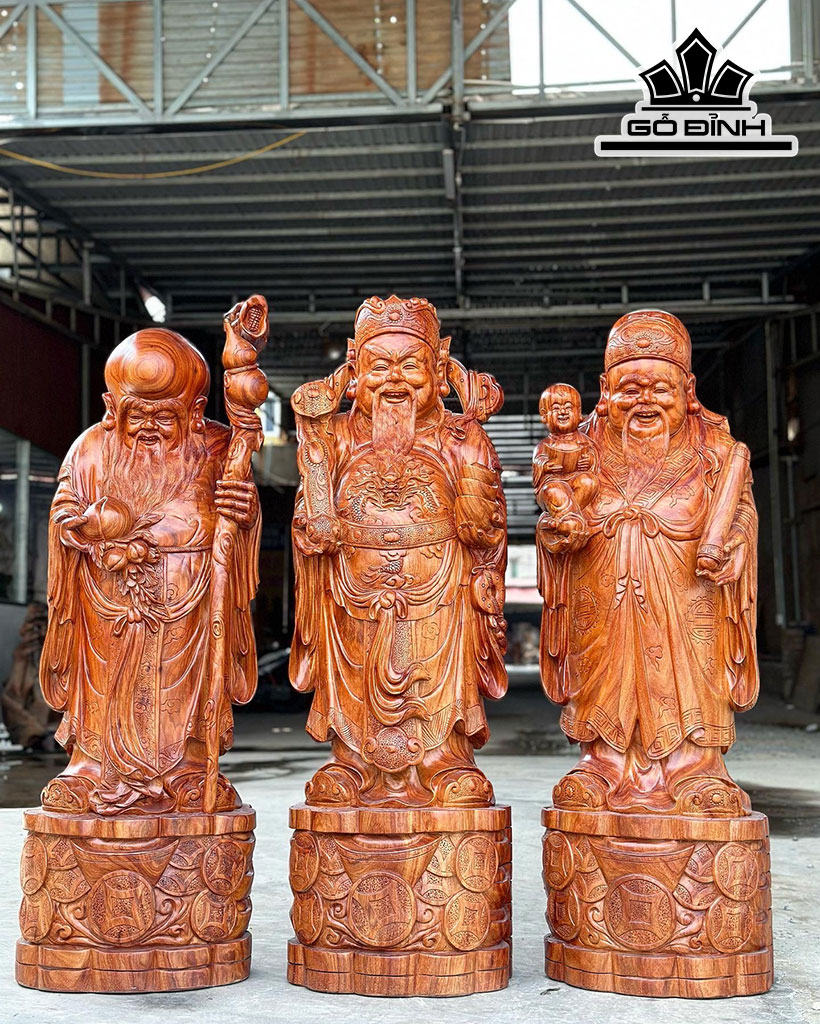 Tượng Phúc Lộc Thọ (Tam Đa) Gỗ Trắc Cao 128 Ngang 38 Sâu 33 (cm)