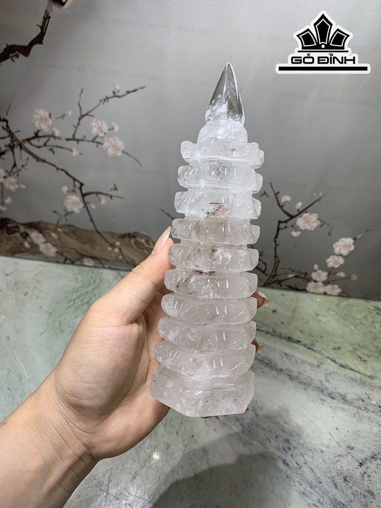 Tháp Văn Xương Đá Thạch Anh Trắng Cao 18 Ngang 5 (cm) 0,6kg