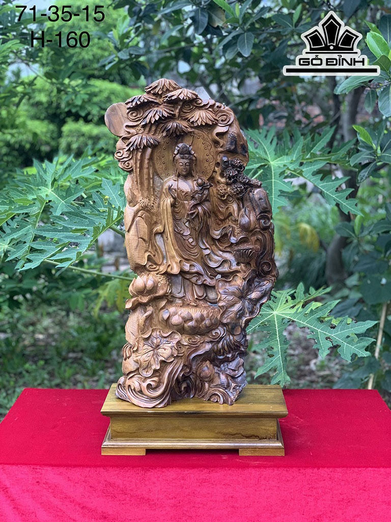 Tượng Phật Bà Quan Âm Gỗ Bách Xanh Cao 71 Ngang 35 Sâu 15 (cm)