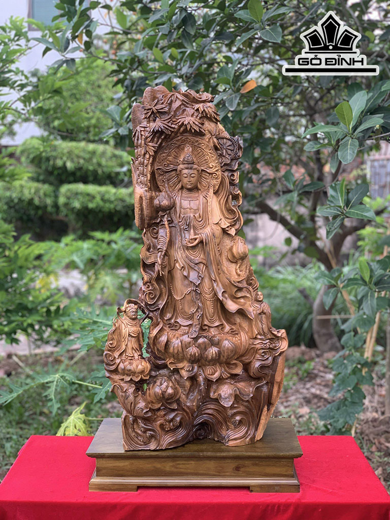 Tượng Phật Bà Quan Âm Gỗ Bách Xanh Cao 90 Ngang 47 Sâu 28 (cm)
