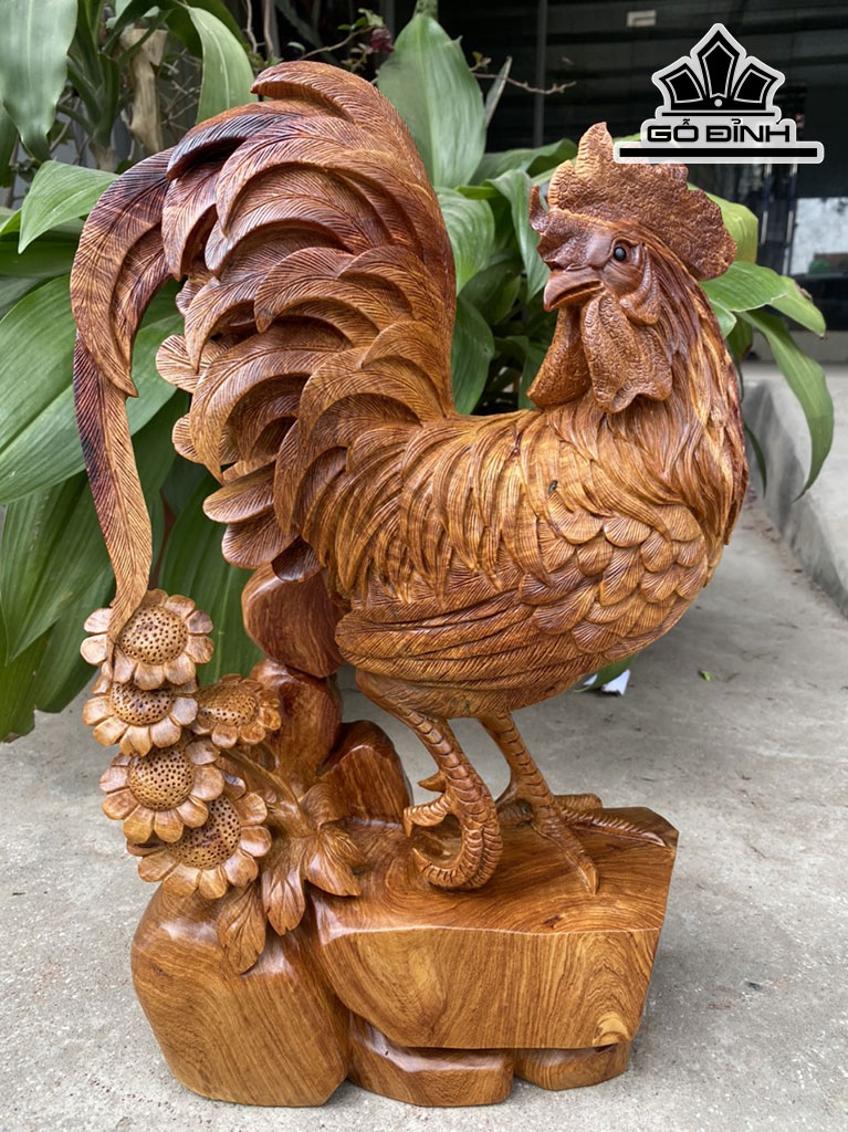Tượng Gà Trống Gỗ Hương Cao 45 Ngang 28 Sâu 12 (cm)