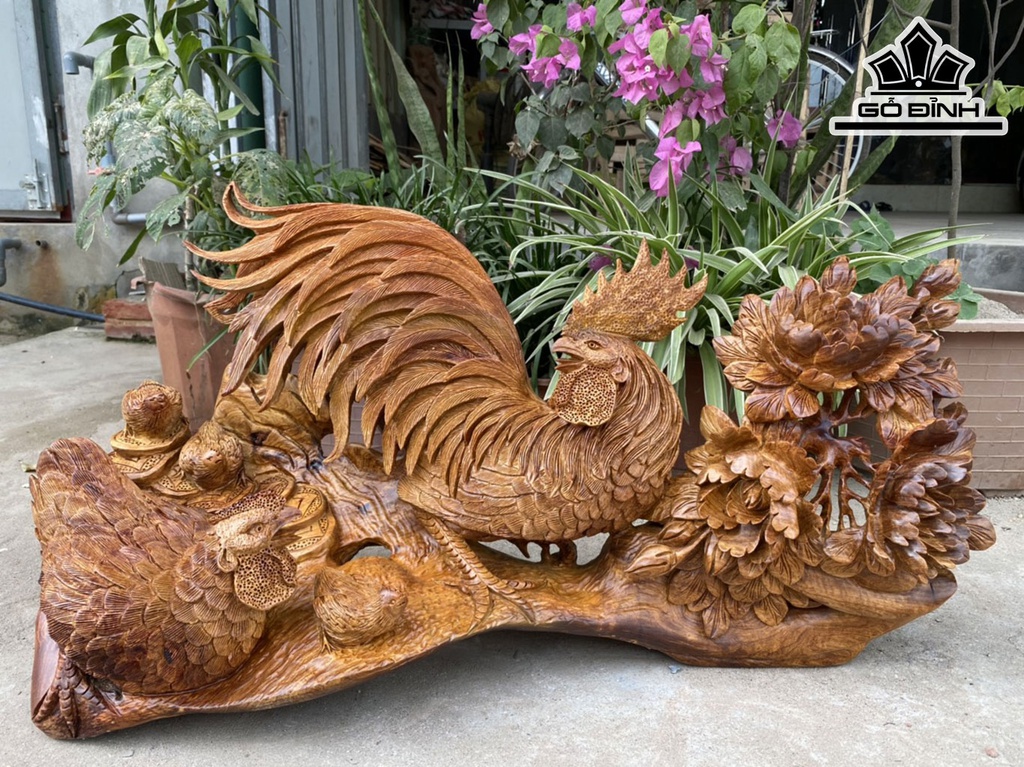 Tượng Gia Đình Gà Gỗ Hương Cao 39 Ngang 73 Sâu 28 (cm)
