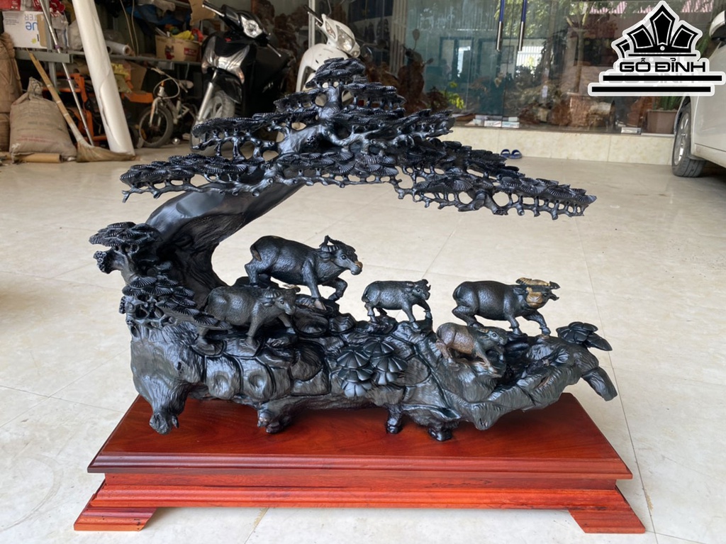 Tượng Gia Đình Trâu Gỗ Mun Sừng Cao 50 Ngang 66 Sâu 20 (cm)