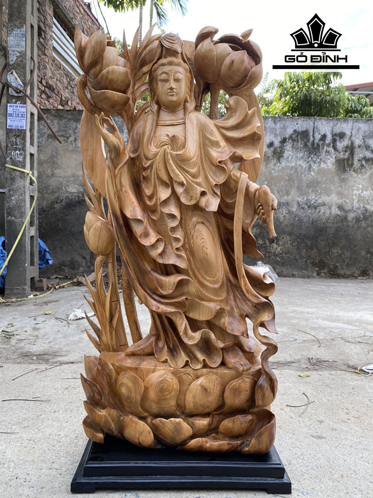 Tượng Phật Bà Quan Âm Gỗ Ngọc Am Cao 100 Ngang 45 Sâu 20 (cm)