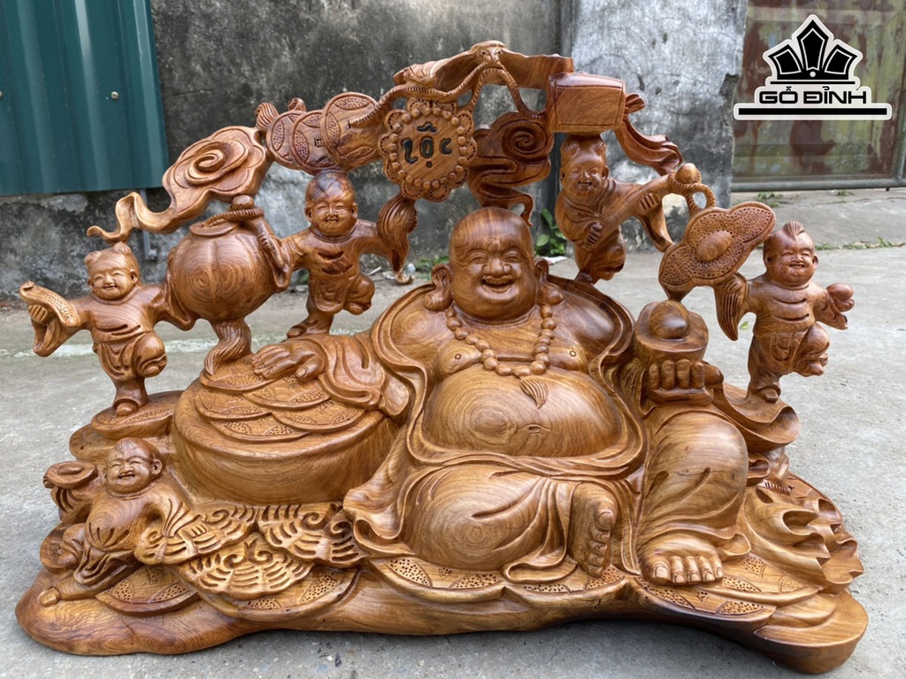 Tượng Phật Di Lặc Ngũ Phúc Gỗ Hương Cao 36 Ngang 58 Sâu 29 (cm)