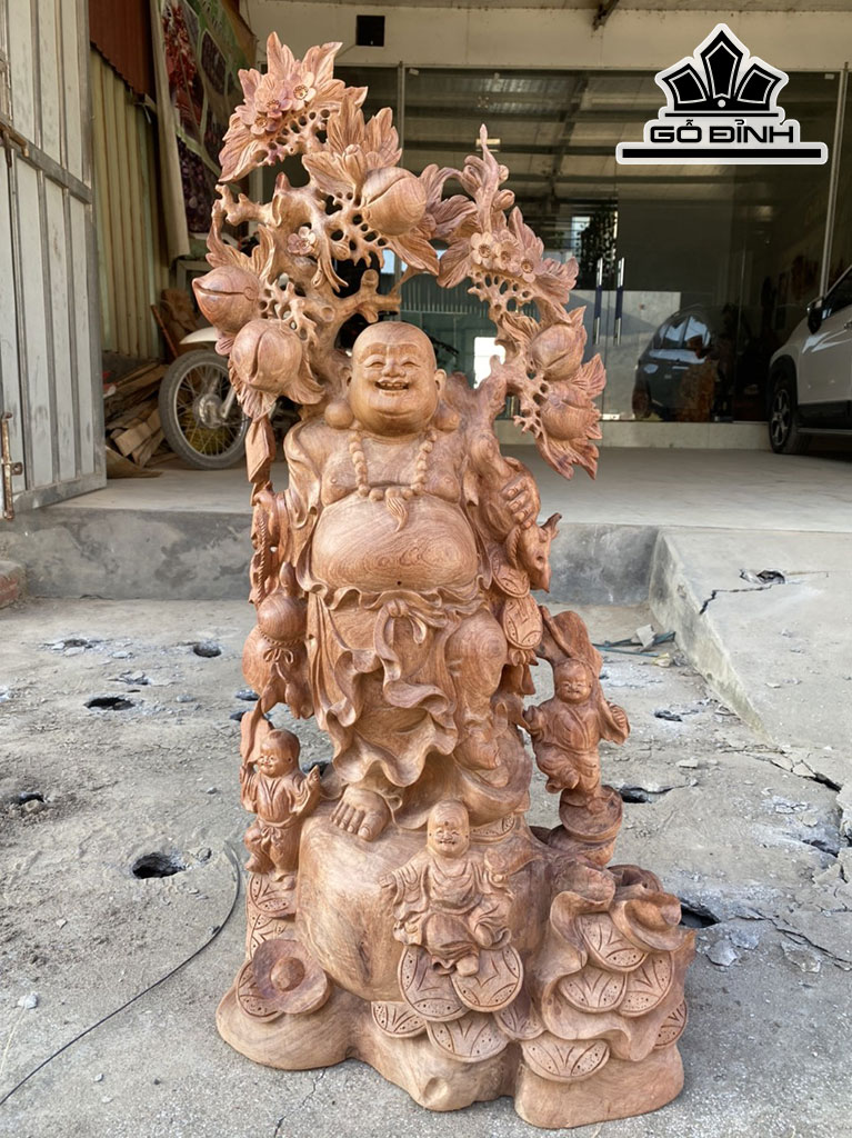 Tượng Phật Di Lặc Vác Cành Đào Gỗ Hương Cao 90 Ngang 50 Sâu 30 (cm)