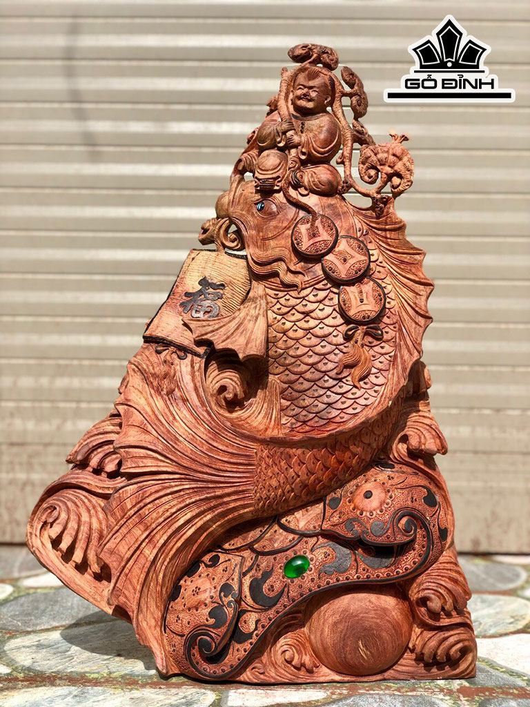 Tượng Tiểu Đồng Cưỡi Cá Chép Gỗ Hương Cao 60 Ngang 40 Sâu 17 (cm)