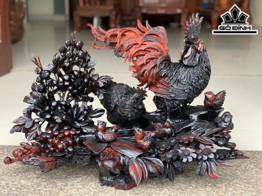 Tượng Gia Đình Gà Gỗ Trắc Ngang 76 Cao 50 Sâu 43 (cm)