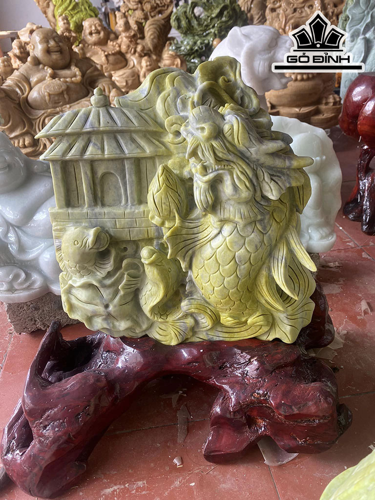 Tượng Cá Chép Ngũ Môn Đá Serpentine Cao 46 Ngang 35 (cm)