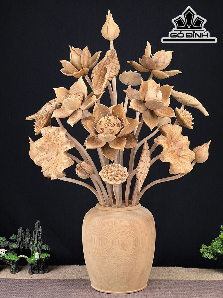 Bình Hoa Sen 21 Cành Gỗ Ngọc Am Cao 83 Ngang 52 Sâu 45 (cm)