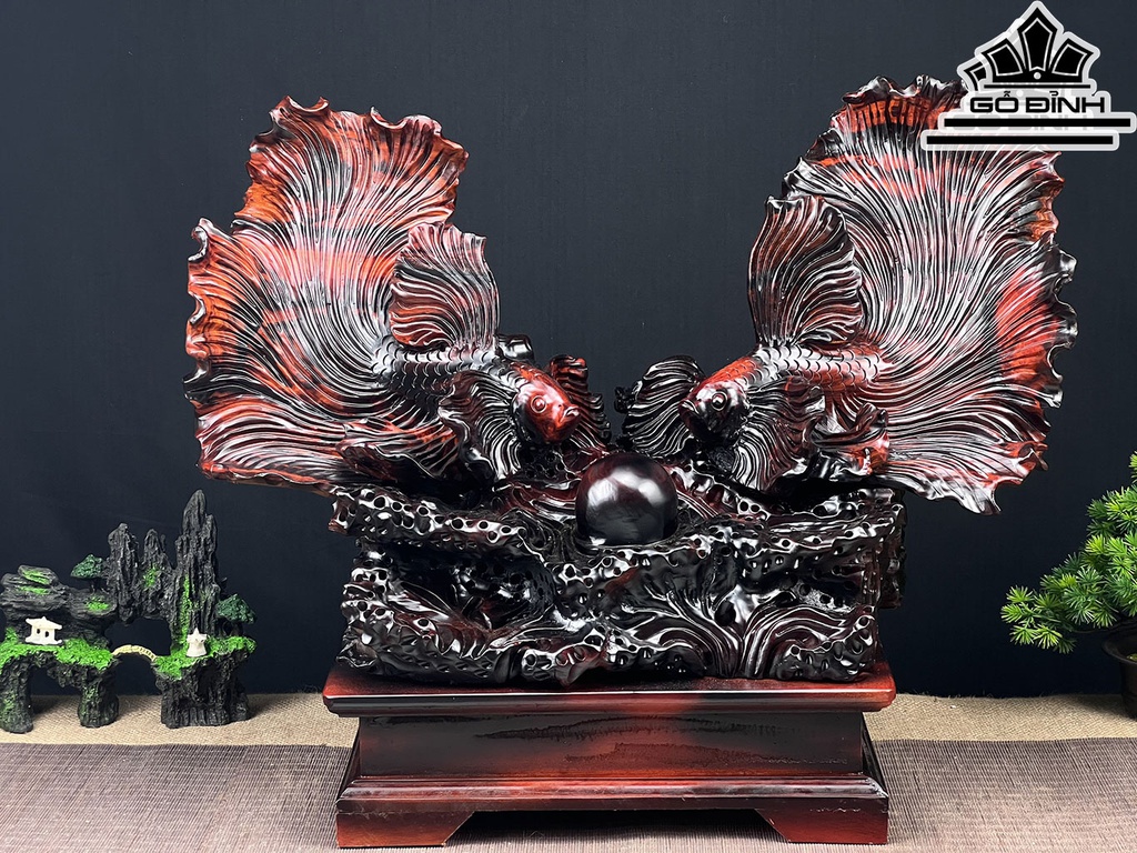 Tượng Cá Xiêm Đôi Gỗ Trắc Ngang 58 Cao 47 Sâu 27 (cm)