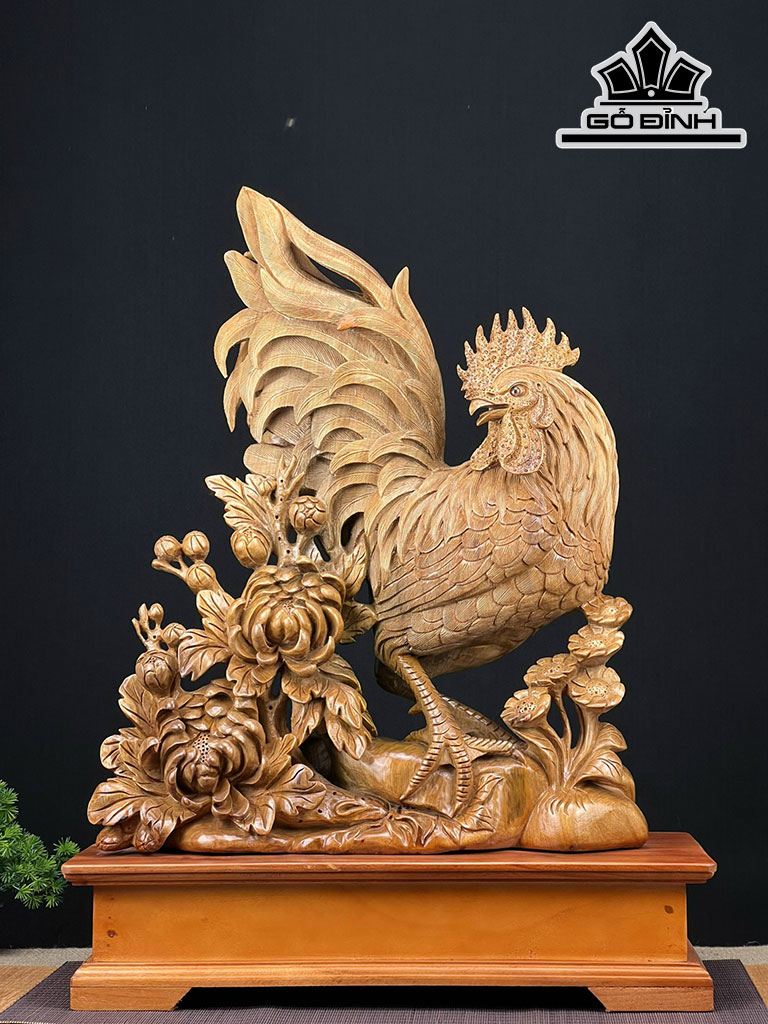 Tượng Gà Trống Gỗ Ngọc Am Cao 71 Ngang 52 Sâu 23 (cm)