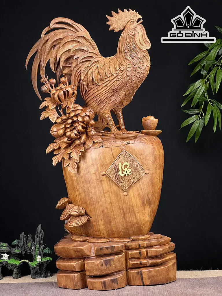 Tượng Gà Trống Gỗ Ngọc Am Cao 85 Ngang 44 Sâu 23 (cm)
