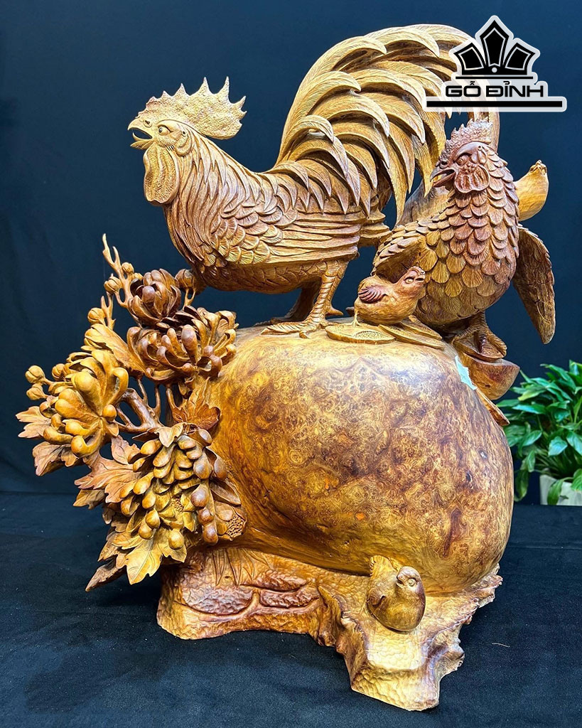 Tượng Gia Đình Gà Gỗ Nu Hương Cao 56 Ngang 52 Sâu 38 (cm)