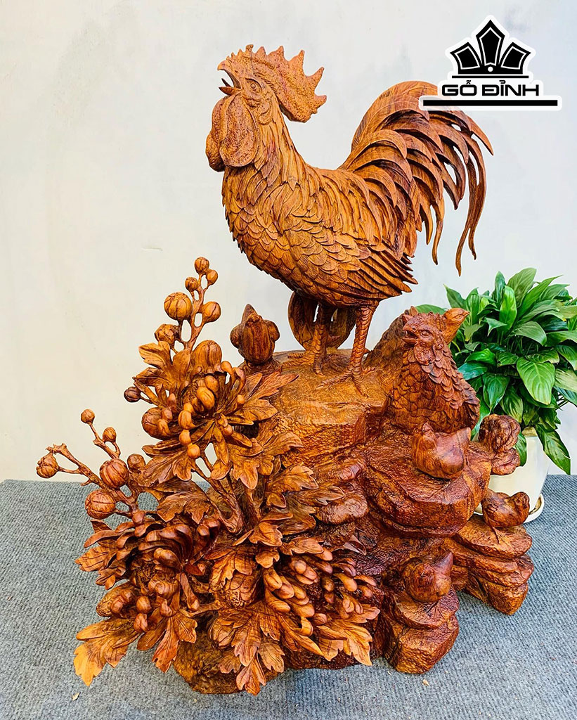 Tượng Gia Đình Gà Gỗ Sưa Cao 63 Ngang 52 Sâu 30 (cm)