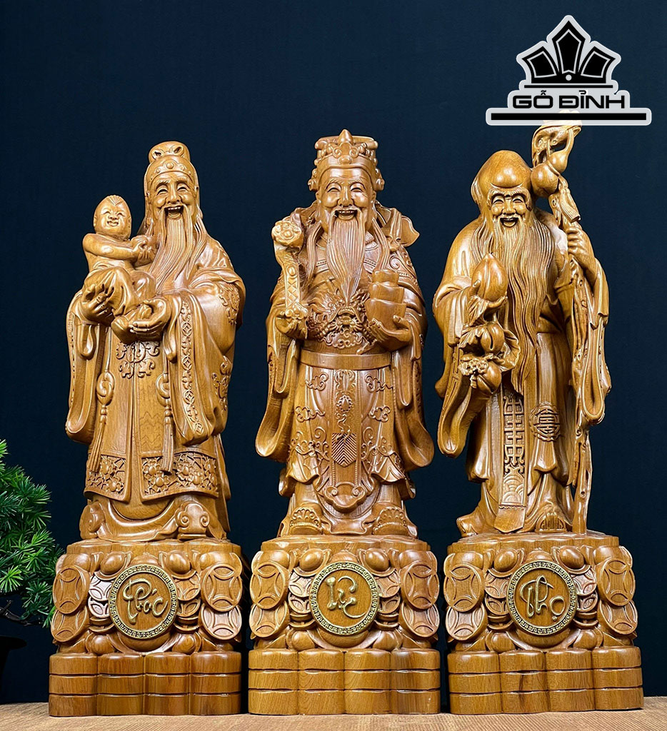 Tượng Phúc Lộc Thọ (Tam Đa) Gỗ Bách Xanh Cao 40 Ngang 12 Sâu 10 (cm)