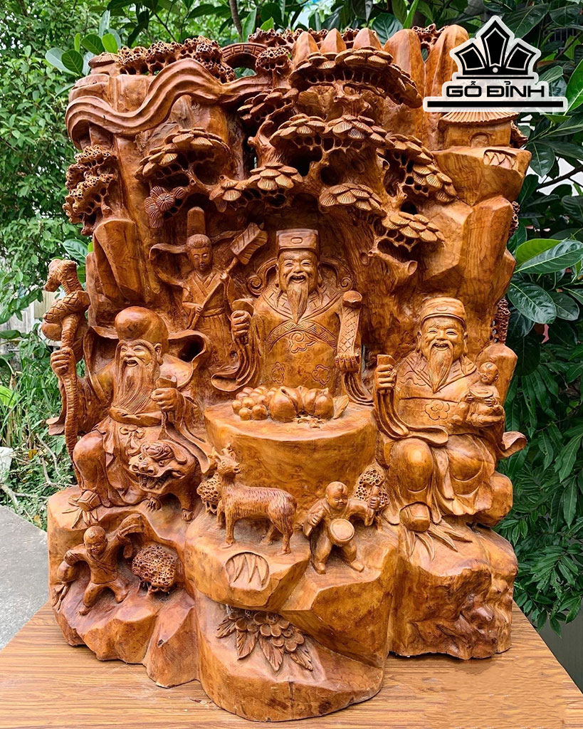 Tượng Phúc Lộc Thọ (Tam Đa) Gỗ Xá Xị Cao 90 Ngang 68 Sâu 4 (cm)