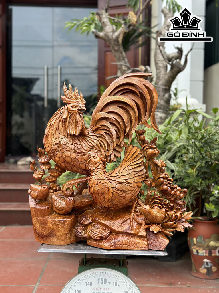 Tượng Gia Đình Gà Gỗ Hương Cao 66 Ngang 62 Sâu 35 (cm)