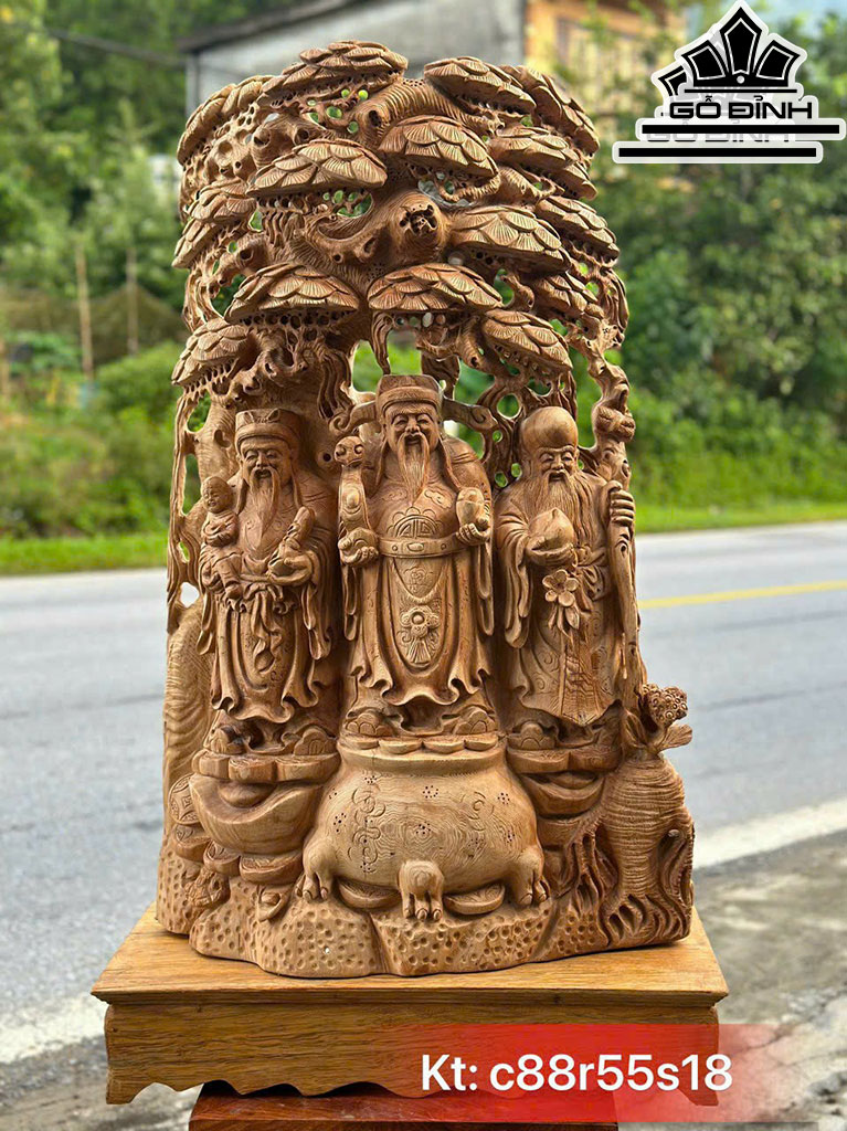 Tượng Phúc Lộc Thọ (Tam Đa) Gỗ Ngọc Am Cao 88 Ngang 55 Sâu 18 (cm)