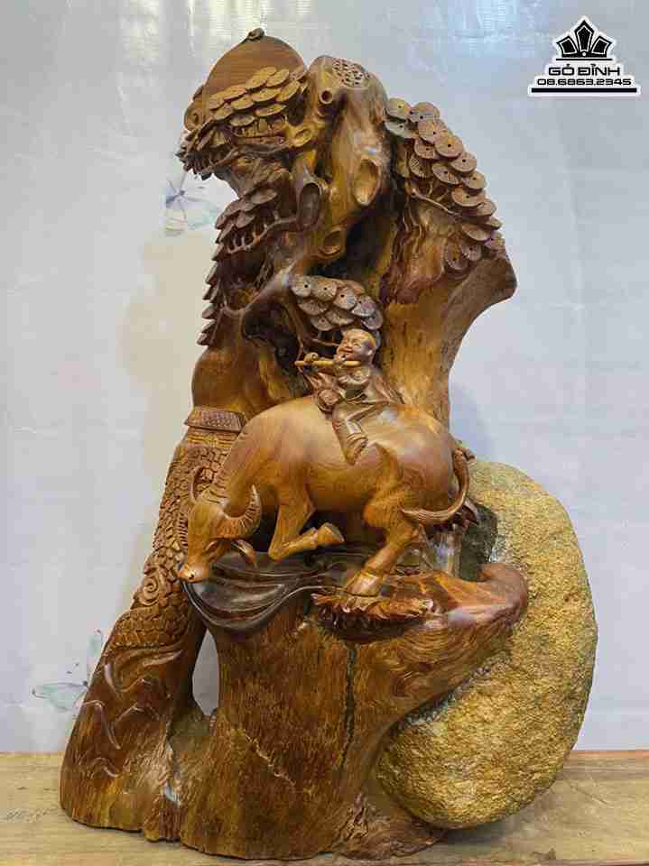 Tượng Mục Đồng Cưỡi Trâu Gỗ Hương  Cao 80 Ngang 60 Sâu 40 (cm)