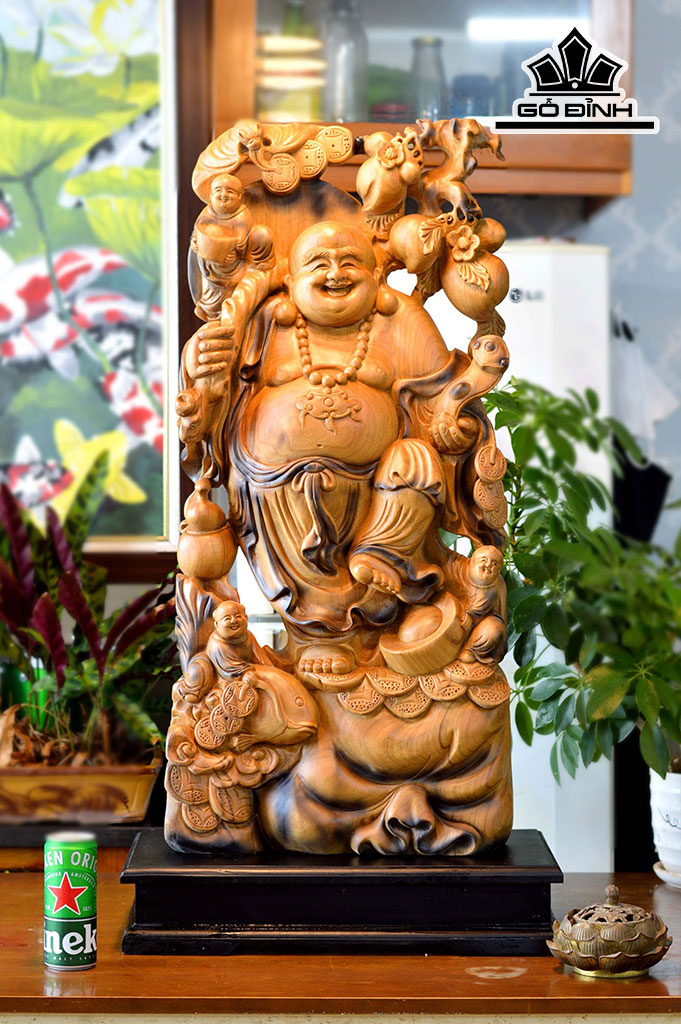 Tượng Phật Di Lặc Tam Phúc Gỗ Bách Xanh Cao 95 Ngang 38 Sâu 16 (cm)