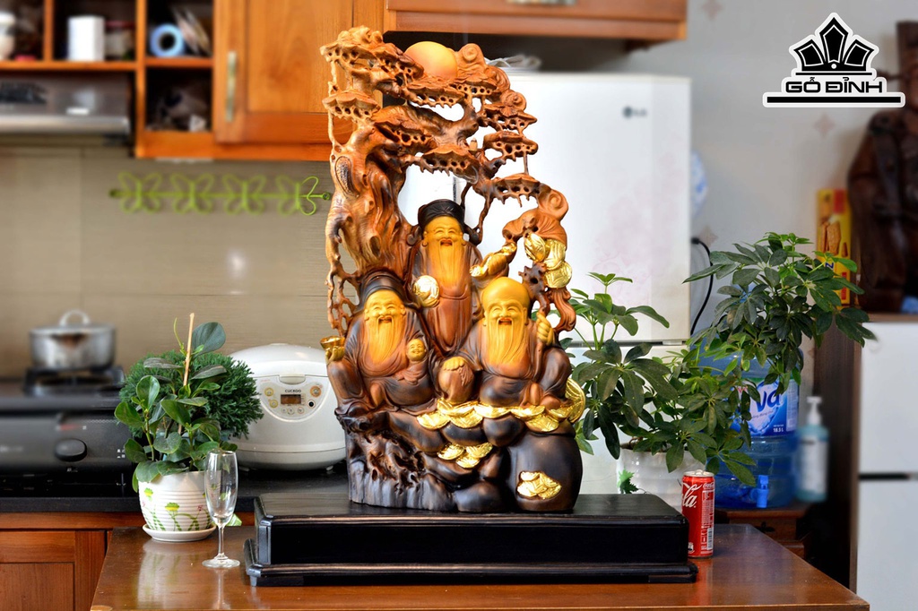 Tượng Phúc Lộc Thọ (Tam Đa) Gỗ Lũa Bách Xanh Cao 90 Ngang 42 Sâu 23 (cm)