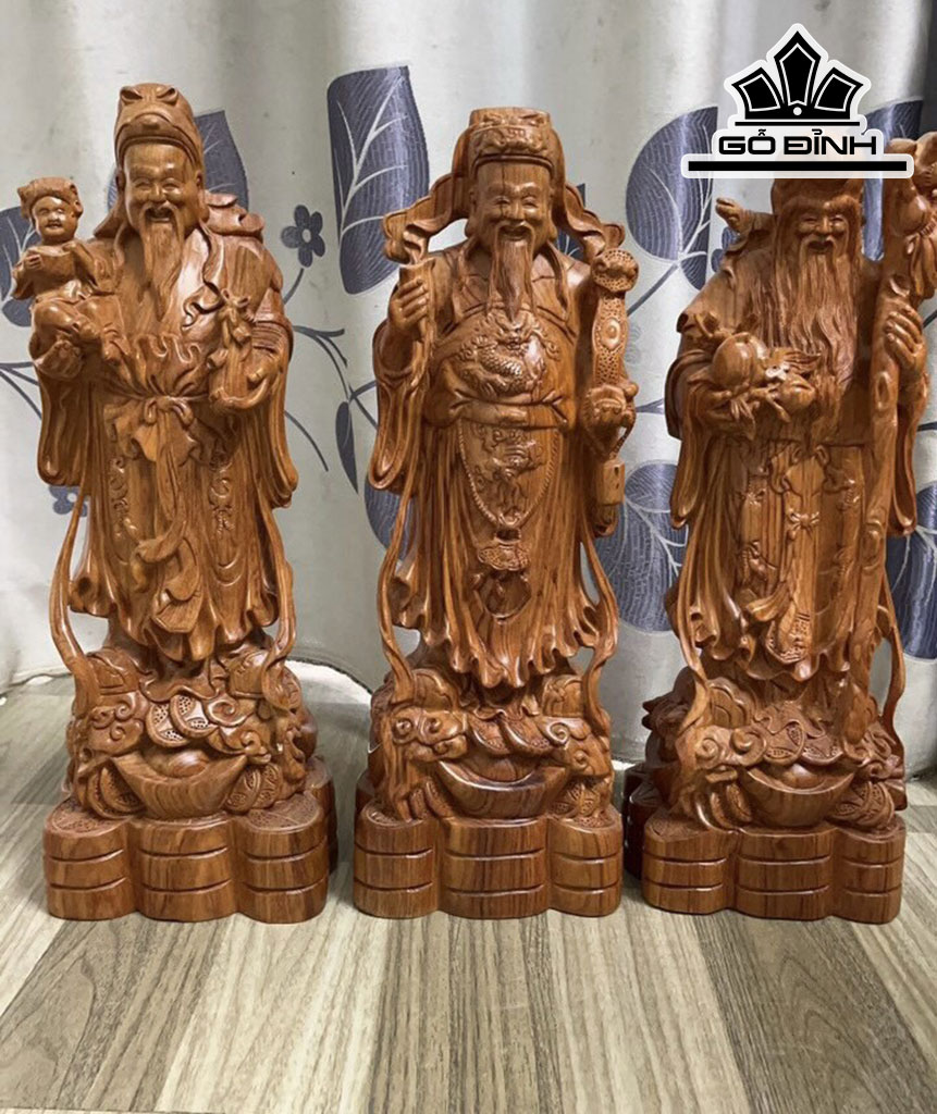 Tượng Phúc Lộc Thọ (Tam Đa) Gỗ Hương Cao 50 Ngang 18 Sâu 16 (cm)