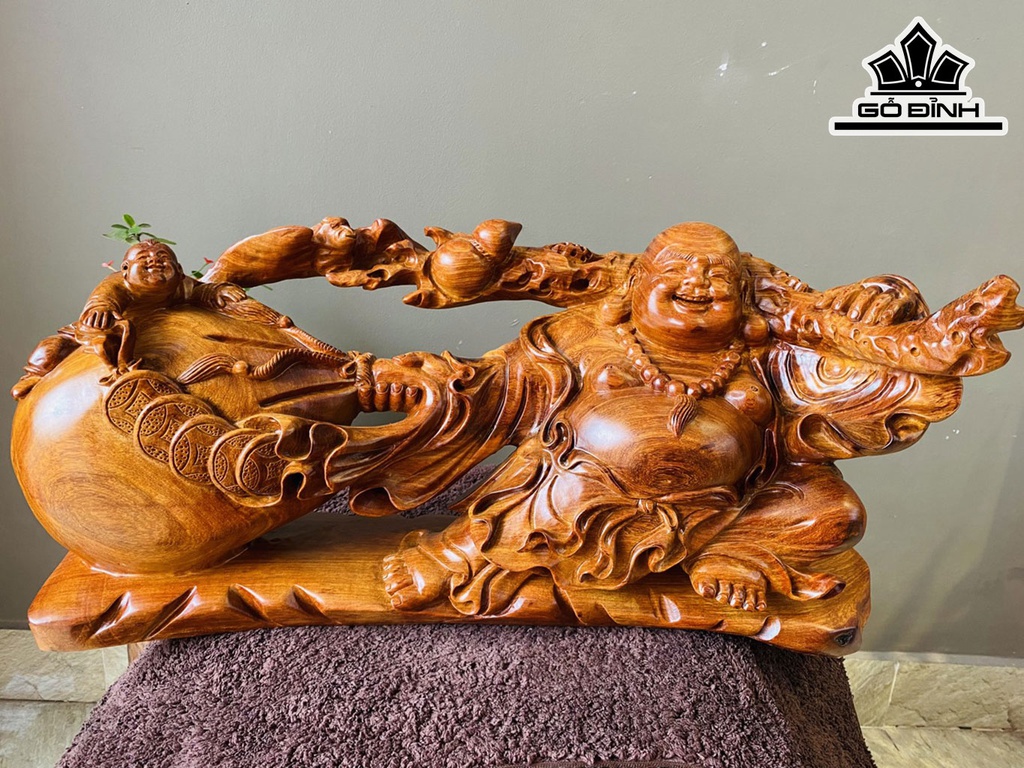 Tượng Phật Di Lặc Kéo Bao Tiền Gỗ Hương Cao 28 Ngang 58 Sâu 16 (cm)