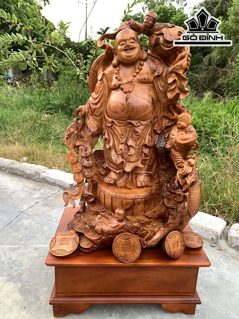 Tượng Phật Di Lặc Tam Phúc Gỗ Hương Cao 60 Ngang 42 Sâu 28 (cm)