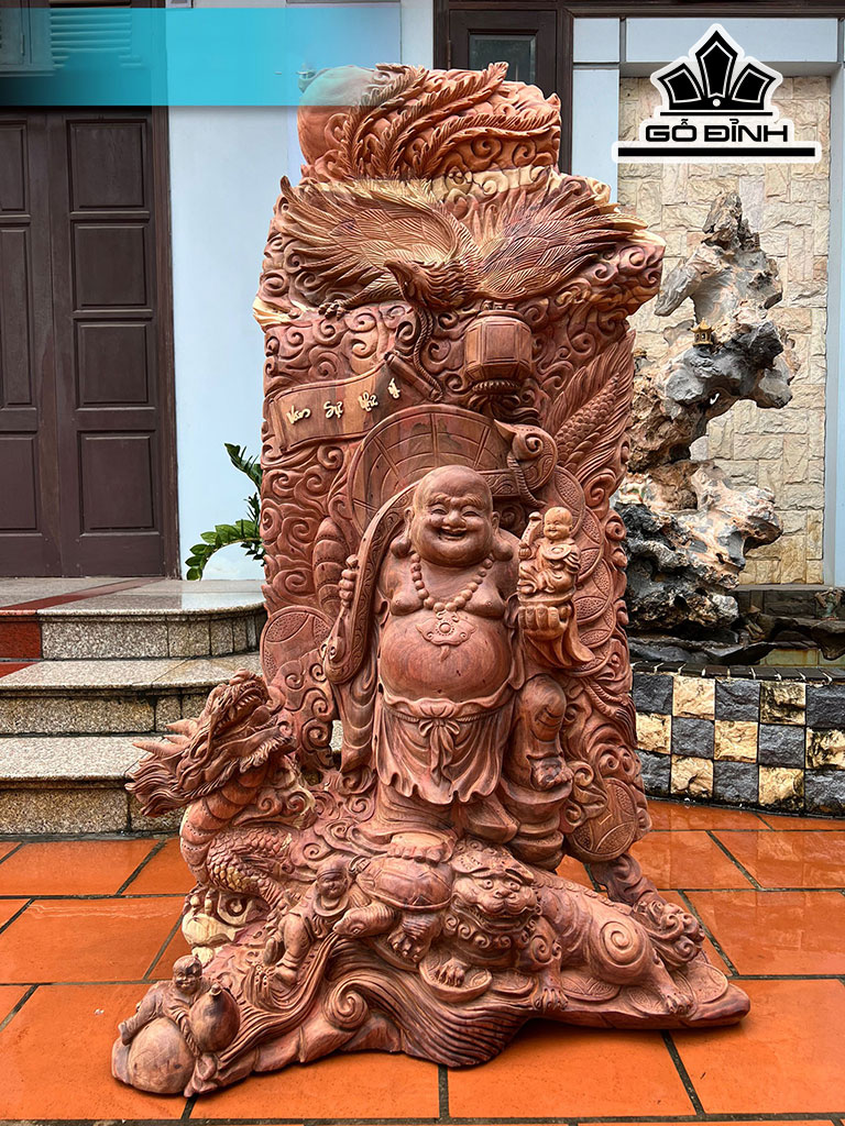 Tượng Di Lặc Tứ Linh Gỗ Hương Cao 145 Ngang 90 Sâu 43 (cm)