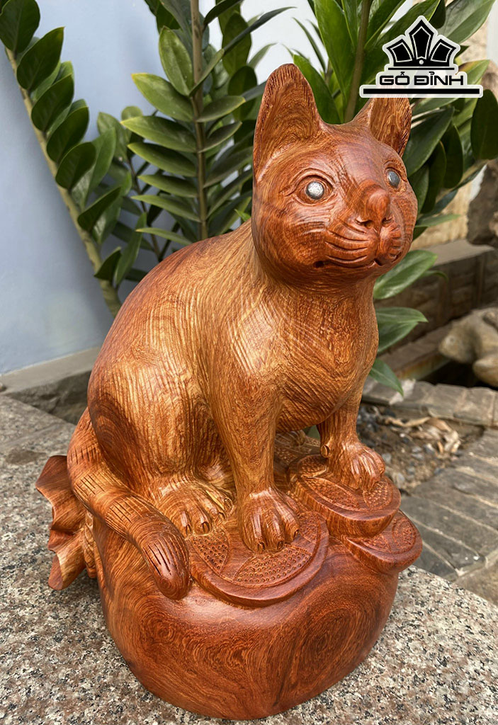 Tượng Mèo Gỗ Hương Cao 30 Ngang 22 Sâu 17 (cm)