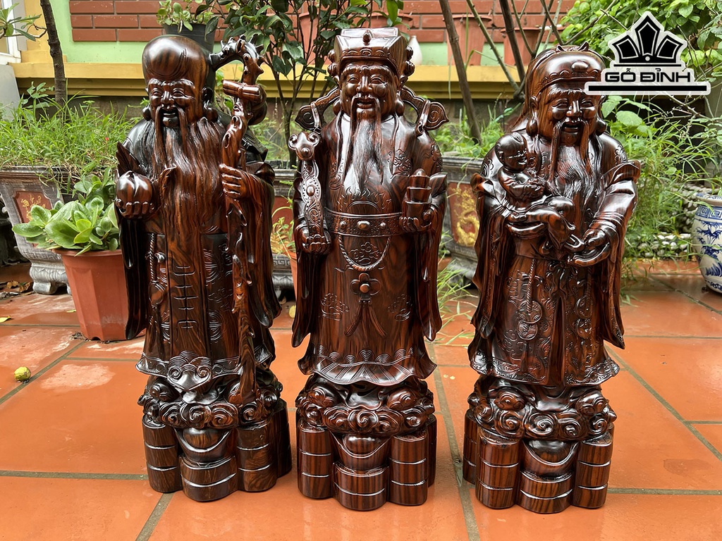Tượng Phúc Lộc Thọ (Tam Đa) Gỗ Mun Hoa Cao 60 Ngang 20 Sâu 15 (cm)