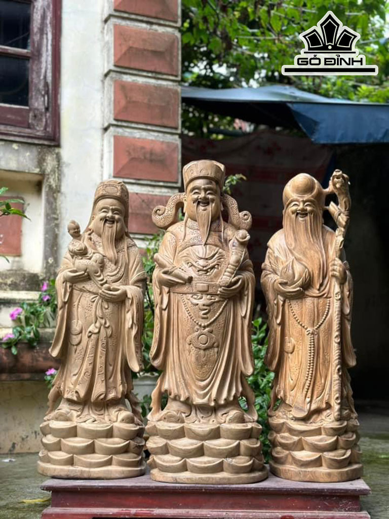 Tượng Phúc Lộc Thọ (Tam Đa) Gỗ Bách Xanh Cao 83 Ngang 32 Sâu 22 (cm)
