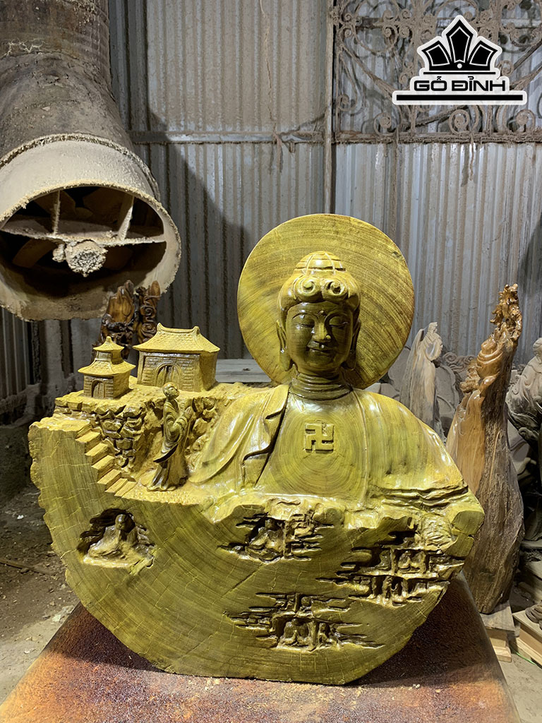 Tượng Nhất Tâm Bái Phật Gỗ Vàng Tâm Cao 58 Ngang 60 Sâu 25 (cm)