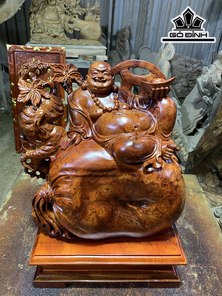 Tượng Phật Di Lặc Gỗ Gõ Đỏ (Cà te) Cao 33 Ngang 33 Sâu 20 (cm)