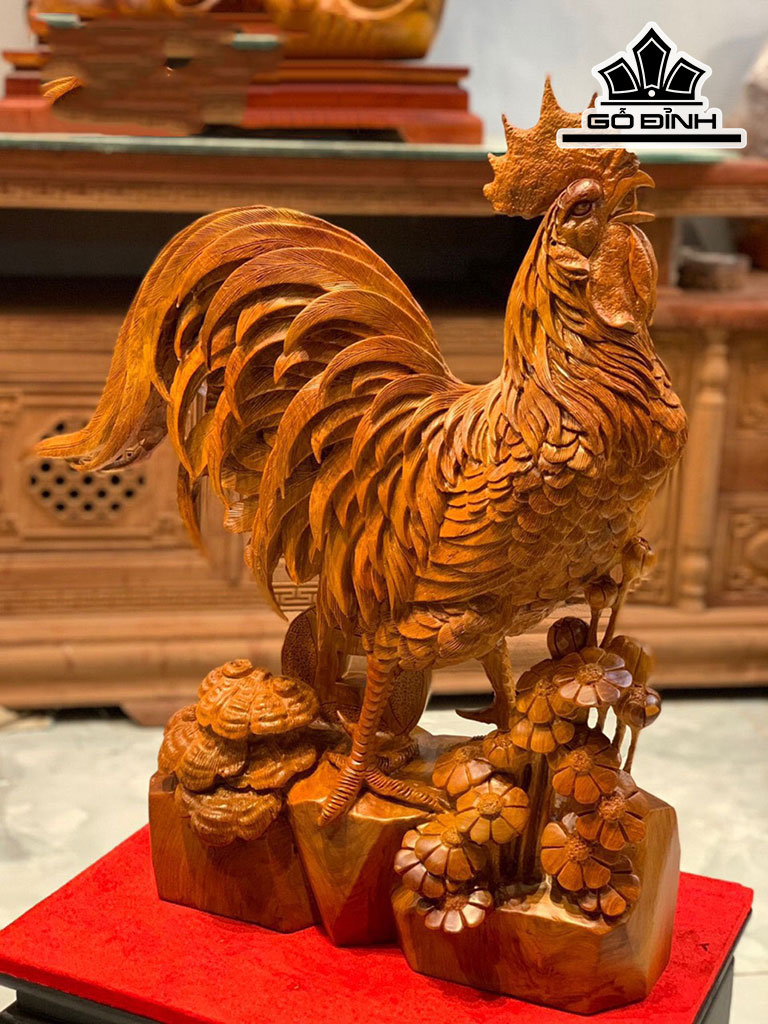 Tượng Gà Trống Phong Thủy Gỗ Hương Cao 60 Ngang 52 Sâu 20 (cm)