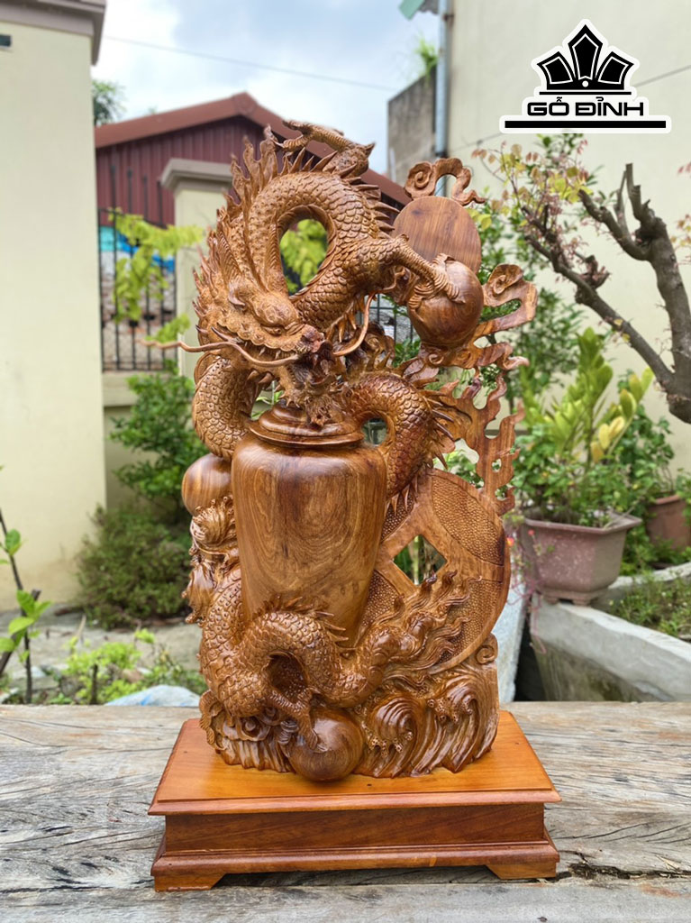 Tượng Nhất Long Trấn Chum Gỗ Hương Cao 75 Ngang 40 Sâu 18 (cm)