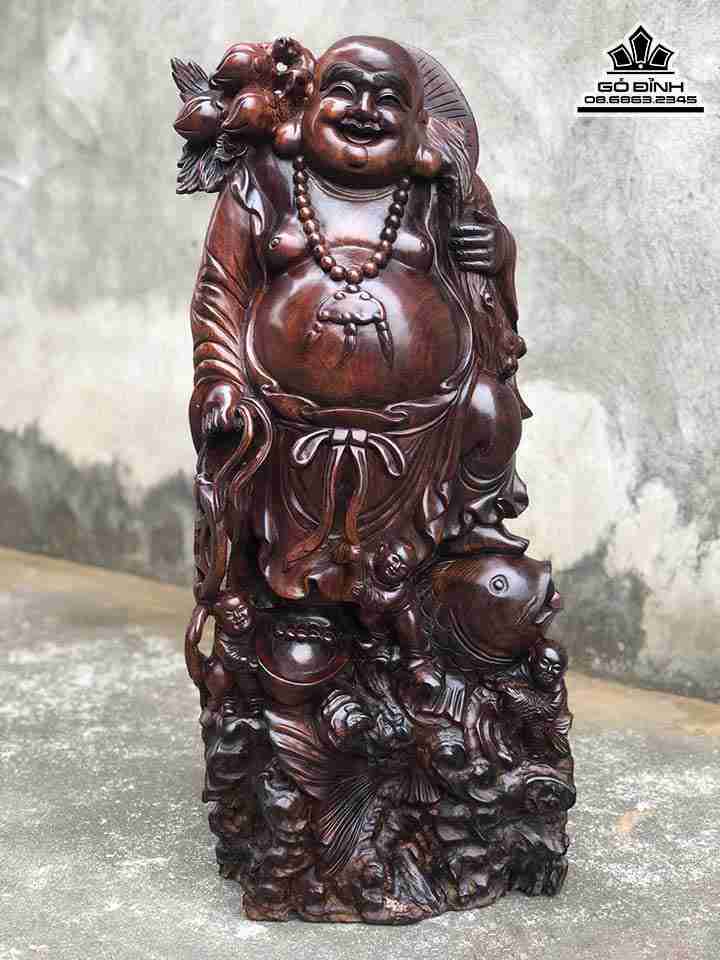 Tượng Phật Di Lặc Cưỡi Cá Chép Gỗ Trắc  Cao 74 Rộng 32 Dày 17 (cm)