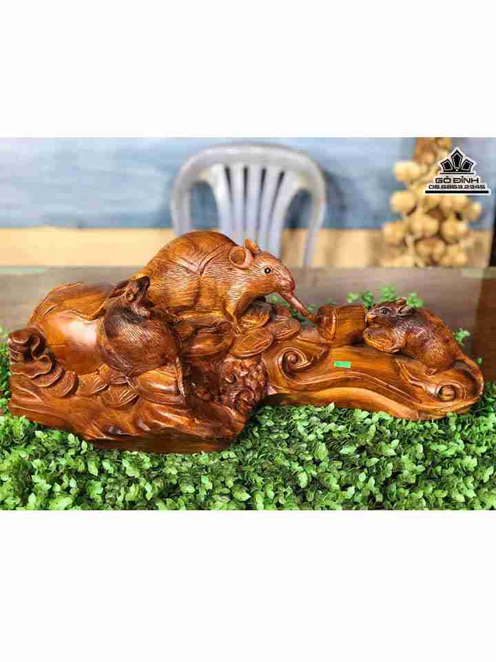 Tượng Chuột Phú Quý Gỗ Hương  Cao 20 Rộng 60 Dày 30 (cm)