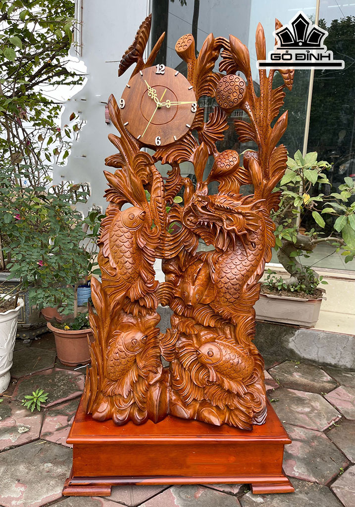 Tượng Ngũ Ngư Hóa Rồng Phong Thủy Gỗ Hương Cao 100 Ngang 50 Sâu 22 (cm)