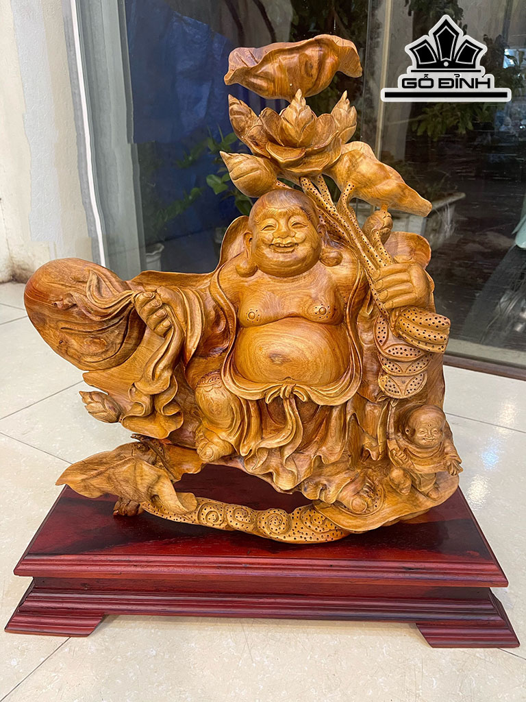 Tượng Phật Di Lặc Kéo Bao Tiền Gỗ Hương Cao 50 Ngang 55 Sâu 16 (cm)