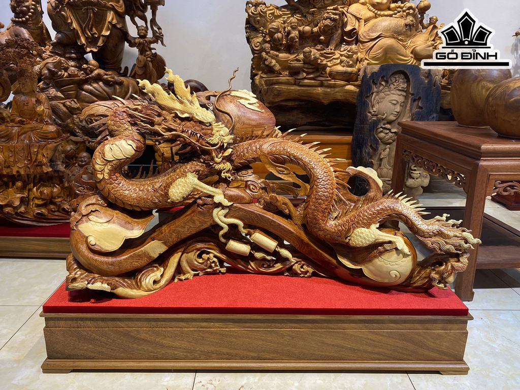 Tượng Nhất Long Chầu Như Ý Gỗ Hương Cao 54 Ngang 96 Sâu 22 (cm)